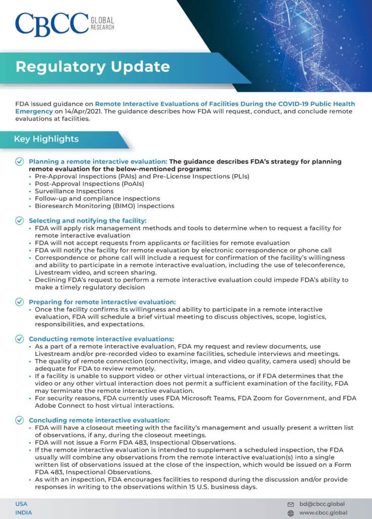 Regulatory Update: FDA Issued Guidance On Remote Interactive Evaluations Of Facilities During The COVID-19 Public Health Emergency